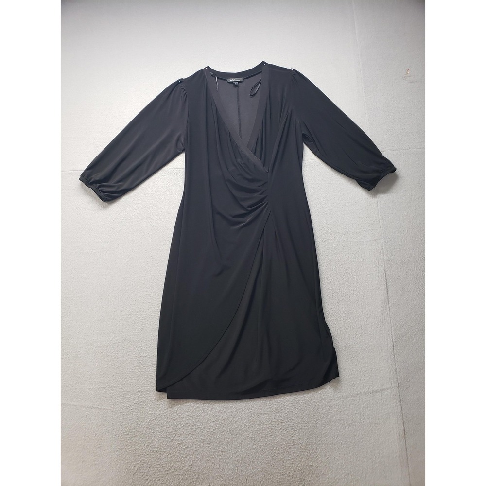 AGB Wrap Dress Womens 1X Plus Ruched V-Neck Balloon Sleeve Knee Length Black